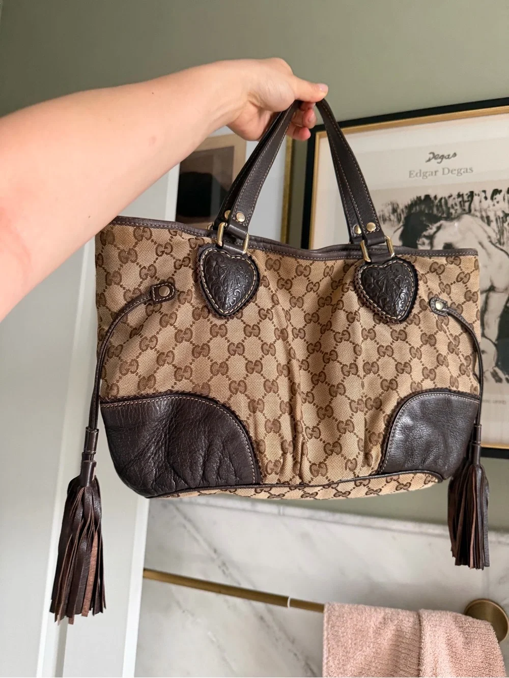 Gucci Tribeca Beige and Dark Brown GG Canvas Tote with Tassels